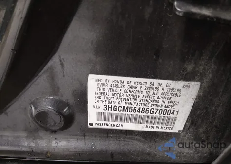 2006 Honda Accord 2.4 Lx из США, поврежденный, VIN 3HGCM56486G700041